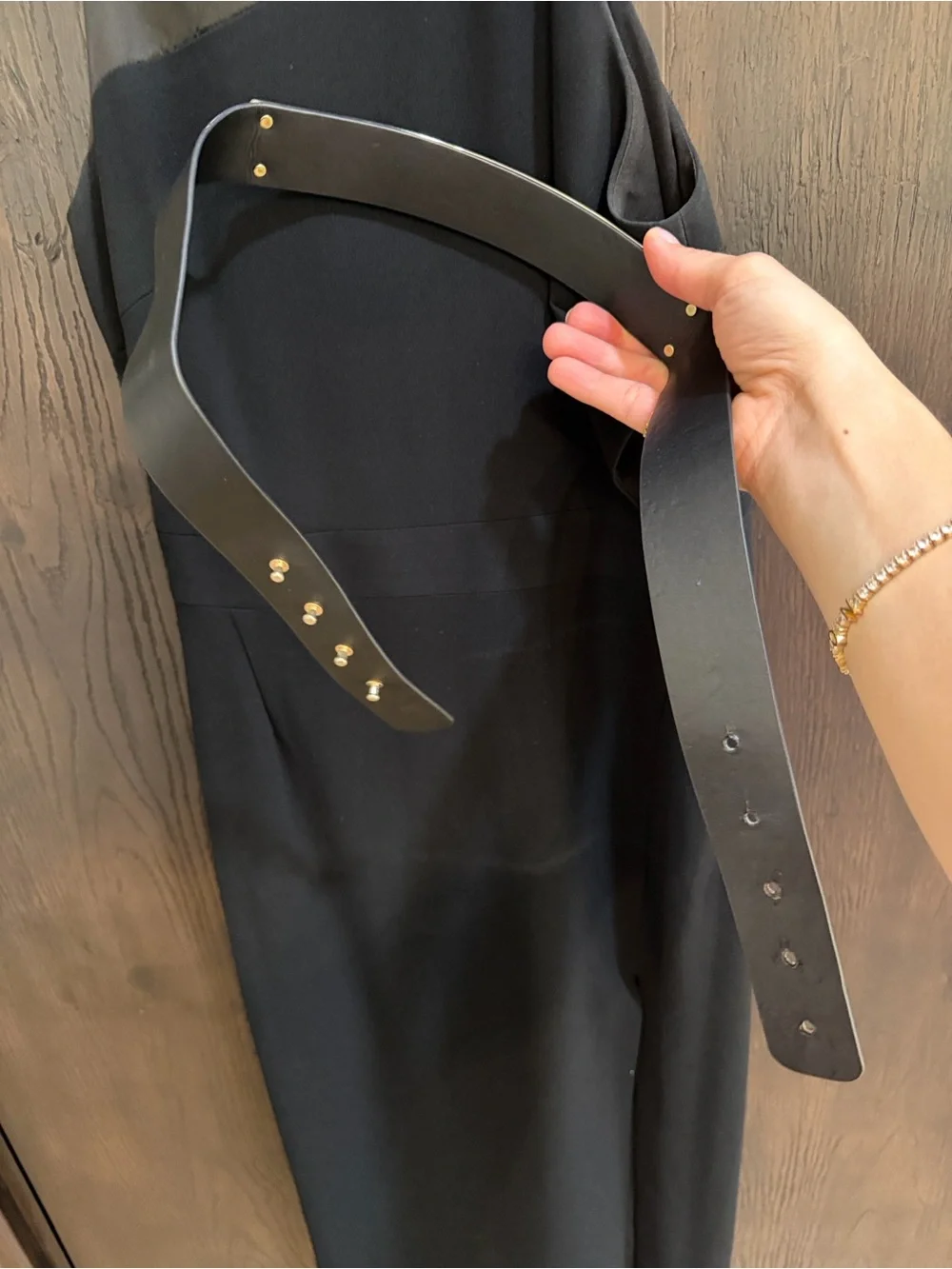 Halston Heritage Black One-Shoulder Gown with Gold Waistband - Picture 4 of 9